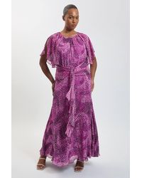 Karen Millen - Plus Size Spot Print Viscose Georgette Cape Sleeve Ruffle Woven Maxi Dress - Lyst