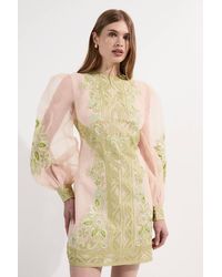Karen Millen - Embroidered Organdie Balloon Woven Mini Dress - Lyst
