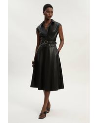 Karen Millen - Faux Leather Belted Midi Dress - Lyst