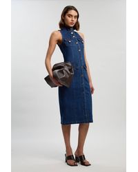 Karen Millen - Petite Denim Sleeveless Midi Button Detail Midi Dress - Lyst