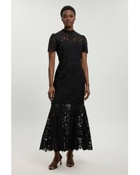 Karen Millen - Guipure Lace High Neck Woven Midi Dress - Lyst