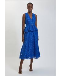 Karen Millen - Peplum Detail Belted Lace Midi Dress - Lyst