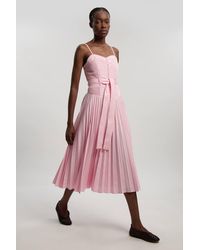 Karen Millen - Cotton Top Stitch Dropped Waist Woven Strappy Midi Dress - Lyst