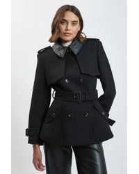 Karen Millen - Wool & Faux Leather Detail Short Pea Coat - Lyst