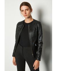 Karen Millen Leather Quilted Biker Jacket - Black