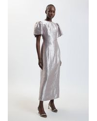 Karen Millen - Puff Sleeve Metallic Textured Midi Dress - Lyst