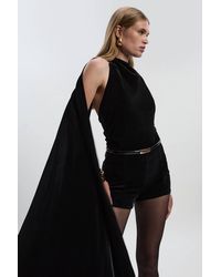 Karen Millen - Petite Stretch Velvet High Neck Cape Shoulder Bodysuit - Lyst