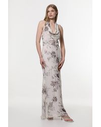 Karen Millen - Sheer Viscose Georgette Sketchy Deep V Woven Halter Neck Dress - Lyst
