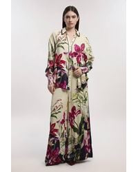 Karen Millen - Viscose Satin Print Wide Leg Woven Trouser - Lyst