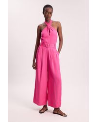 Karen Millen - Premium Viscose Linen Cross Front Halter Belted Woven Wide Leg Jumpsuit - Lyst