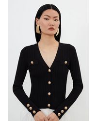 Karen Millen - Viscose Blend Dry Handle Rib Military Trim Cardigan Sweater - Lyst