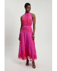 Karen Millen - Georgette Placed Cutwork Halter Woven Midi Dress - Lyst
