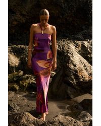 Karen Millen - Viscose Satin Floral Print Halter Neck Maxi Dress - Lyst