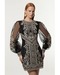 Karen Millen - Embroidered Organdie Balloon Woven Mini Dress - Lyst