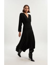 Karen Millen - Stretch Drapey Crepe Ruched Plunge Neck Batwing Sleeve Maxi Dress - Lyst