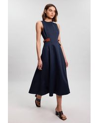 Karen Millen - Tailored Linen Tab Waist Detail Full Skirt Midi Dress - Lyst