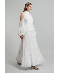 Karen Millen - High Neck Embellished Ruched Georgette Woven Maxi Dress - Lyst