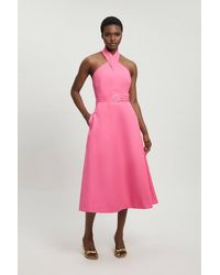 Karen Millen - Petite Tailored Cotton Sateen Halter Full Midi Dress - Lyst