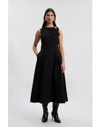Karen Millen - Compact Stretch Bow Tie Neck Trim Detail Tailored Full Midi Dress - Lyst