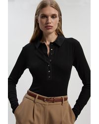 Karen Millen - Viscose Rib Jersey Long Sleeve Collared Button Top - Lyst