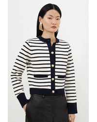 Karen Millen - Cotton Cropped Knit Boxy Striped Cardigan Sweater - Lyst