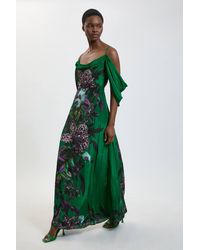 Karen Millen - Placement Orchid Print Cold Shoulder Maxi Dress - Lyst