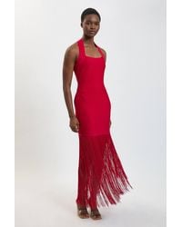 Karen Millen - Figure Form Bandage Fringe Knit Halter Neck Midi Dress - Lyst