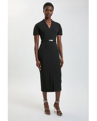 Karen Millen - Compact Stretch Tailored Belted Midi Pencil Dress - Lyst