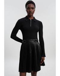 Karen Millen - Knitted Zip Neck Pu Mix Pleated Mini Dress - Lyst