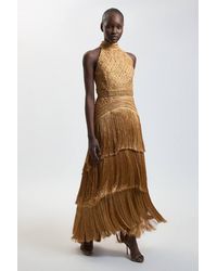 Karen Millen - Fringed Beaded Halter Neck Woven Maxi Dress - Lyst