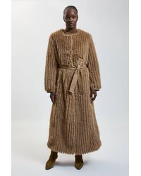 Karen Millen - Textured Faux Fur Belted Collarless Long Coat - Lyst
