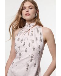 Karen Millen - Texture Jacquard Crystal Embellished High Neck Woven Mini Dress - Lyst
