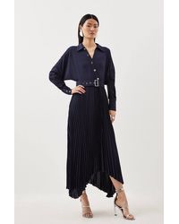 Karen Millen - Jersey And Georgette Mix Belted Pleat Midi Dress - Lyst