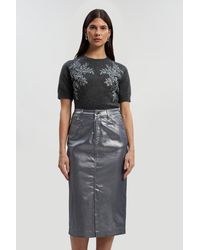 Karen Millen - Metallic Coated Denim Pencil Midi Skirt - Lyst