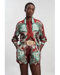 Karen Millen - Mirrored Viscose Linen Print With Raffia Belt Woven City Shorts - Lyst