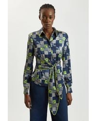 Karen Millen - Petite Geo Print Hammered Satin Tie Waist Woven Shirt - Lyst