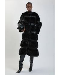 Karen Millen - Faux Fur & Faux Leather Multi Texture Midi Coat - Lyst