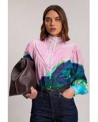 Karen Millen - Silk Cotton Scenic Print Balloon Sleeve Woven Pintuck Blouse - Lyst