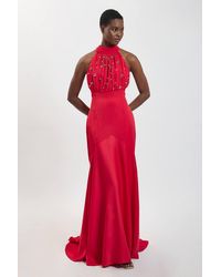 Karen Millen - Crystal Halterneck Satin Maxi Dress Gown - Lyst