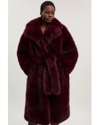 Karen Millen - Textured Faux Fur Belted Long Full Collar Coat - Lyst