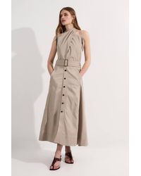 Karen Millen - Tailored Polished Cotton Belted Halter Full Skirted Midi Dress - Lyst