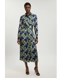 Karen Millen - Petite Geo Print Hammered Satin Tie Waist Woven Midi Dress - Lyst