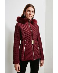 Karen Millen Short Quilted Faux Fur Trimmed Hood Coat - Red