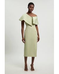 Karen Millen - Polished Linen Blend Asymmetric Fold Detail Tailored Midi Pencil Dress - Lyst