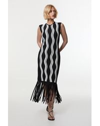 Karen Millen - Contrast Wave Knit Dress With Fringing - Lyst