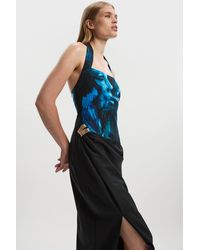 Karen Millen - Lily Macrae Polished Tailored Print Halter Neck Gathered Midi Dress - Lyst