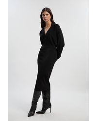 Karen Millen - Viscose Blend Slinky Batwing Button Neck Knit Midi Dress - Lyst