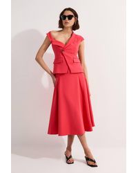 Karen Millen - Compact Stretch Asymmetric Collar Belted Full Skirted Tailored Midi Dress - Lyst