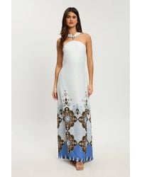 Karen Millen - Petite Tile Print Satin Viscose Halterneck Maxi Dress - Lyst