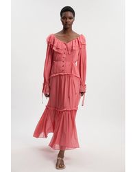 Karen Millen - Ruffle Front Crinkle Georgette Woven Maxi Dress - Lyst